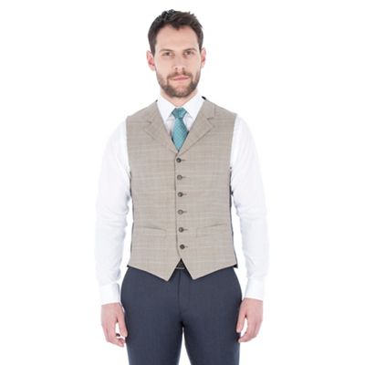 Oatmeal with orange check wool blend tailored fit lapel waistcoat